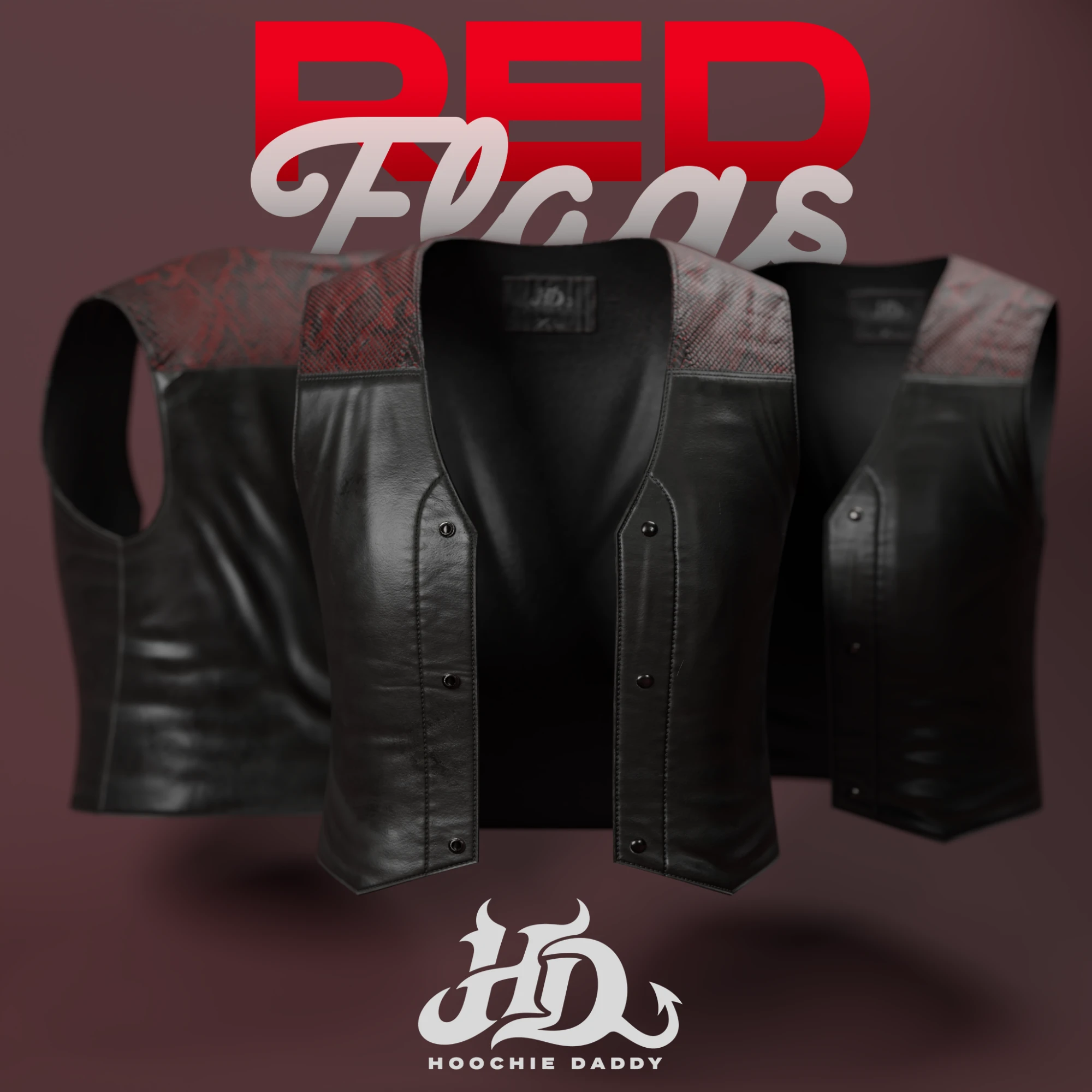 HD: Red Flags female vest trio with red snakeskin yoke, Hoochie Daddy cover art