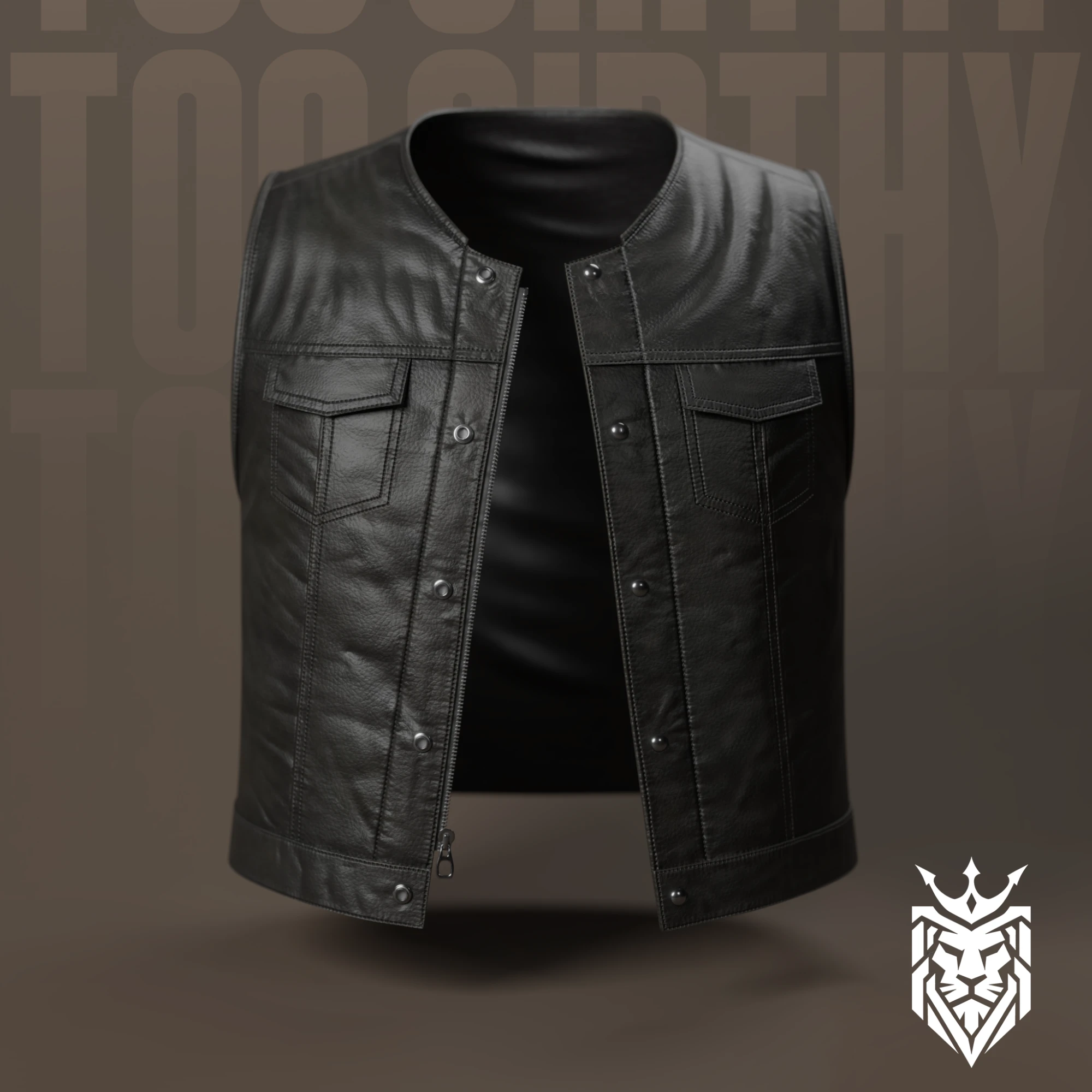 Too Girthy black leather club vest with chest pockets, zip and snap front, front view