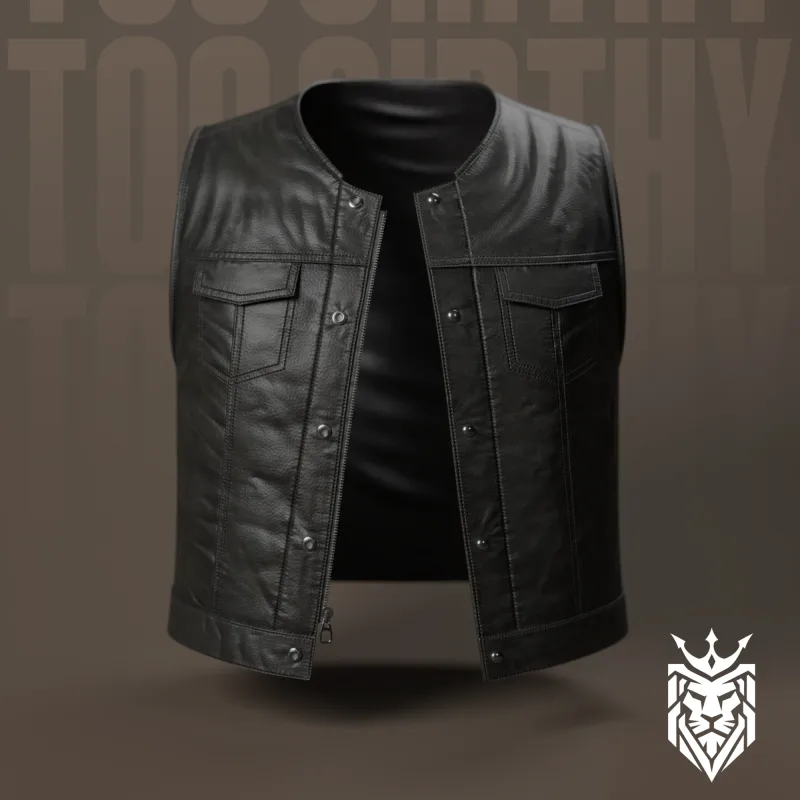 Too Girthy black leather club vest with chest pockets, zip and snap front, front view
