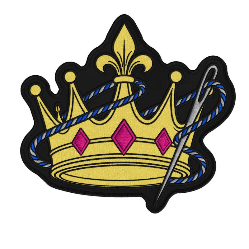 Crown and needle patch, transparent PNG export from King Threads