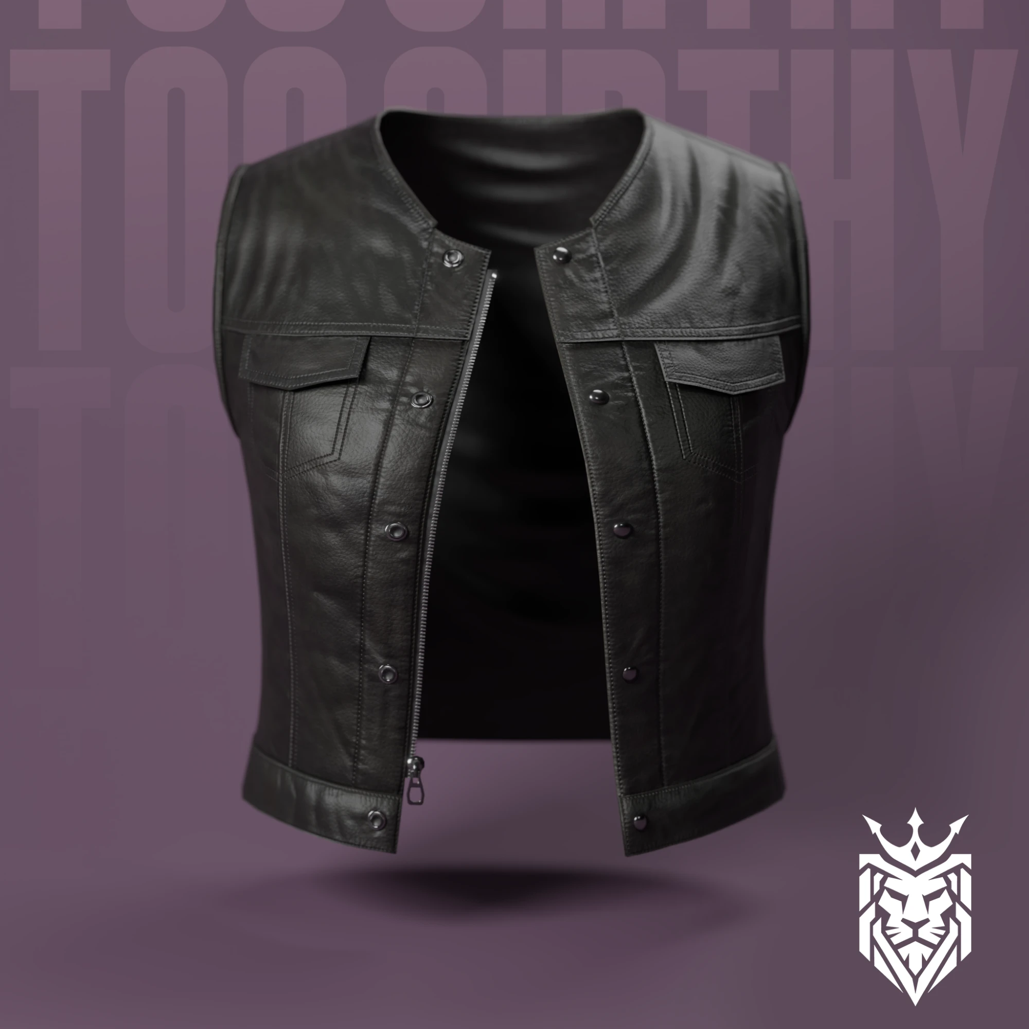 Too Girthy female-fit black leather club vest with chest pockets, zip and snap front, front view