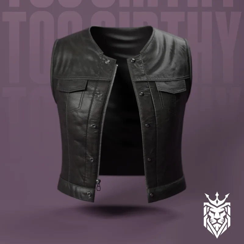 Too Girthy female-fit black leather club vest with chest pockets, zip and snap front, front view