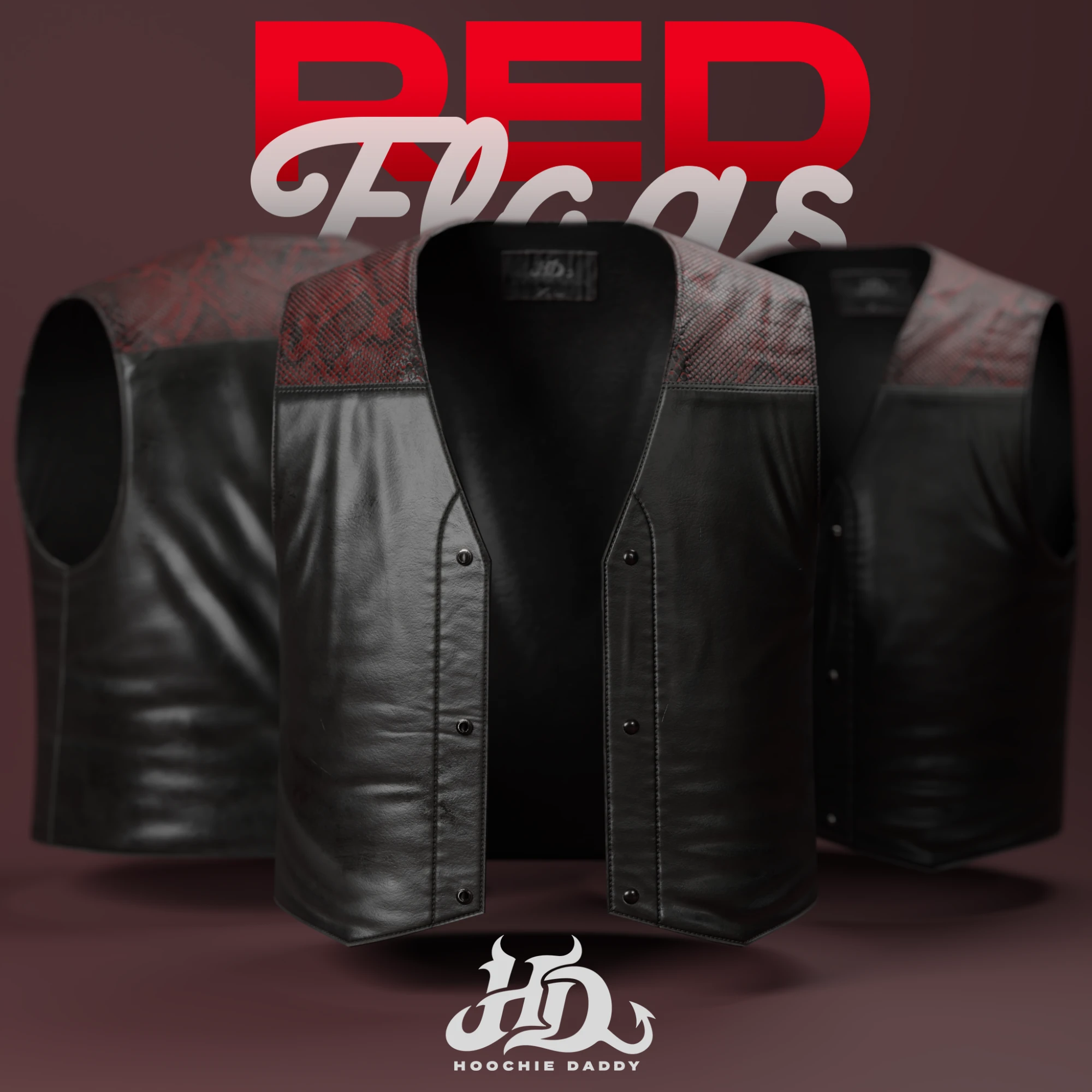 HD: Red Flags leather vest trio with red snakeskin yoke, Hoochie Daddy cover art